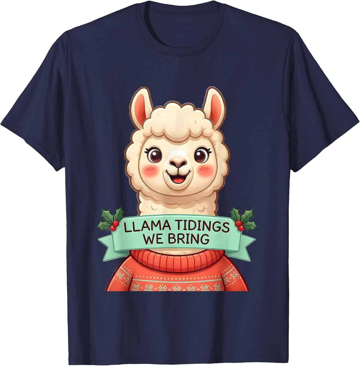 Llama Tidings We Bring Cute Kawaii Christmas Llama Lover T-Shirt - Navy Blue
