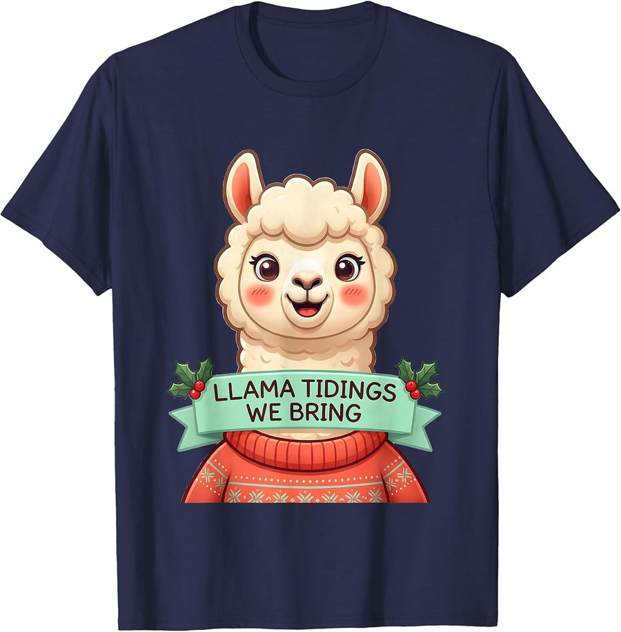 Llama Tidings We Bring Cute Kawaii Christmas Llama Lover T-Shirt - Navy Blue