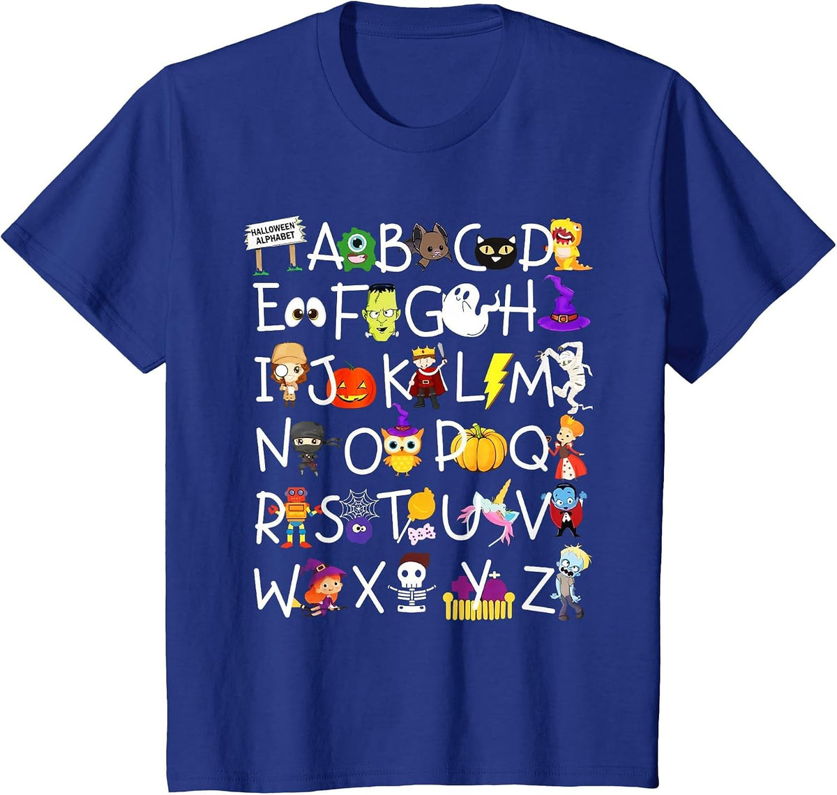Alphabet ABCs Halloween Characters Kindergarten Teacher Kids T-Shirt - Royal Blue