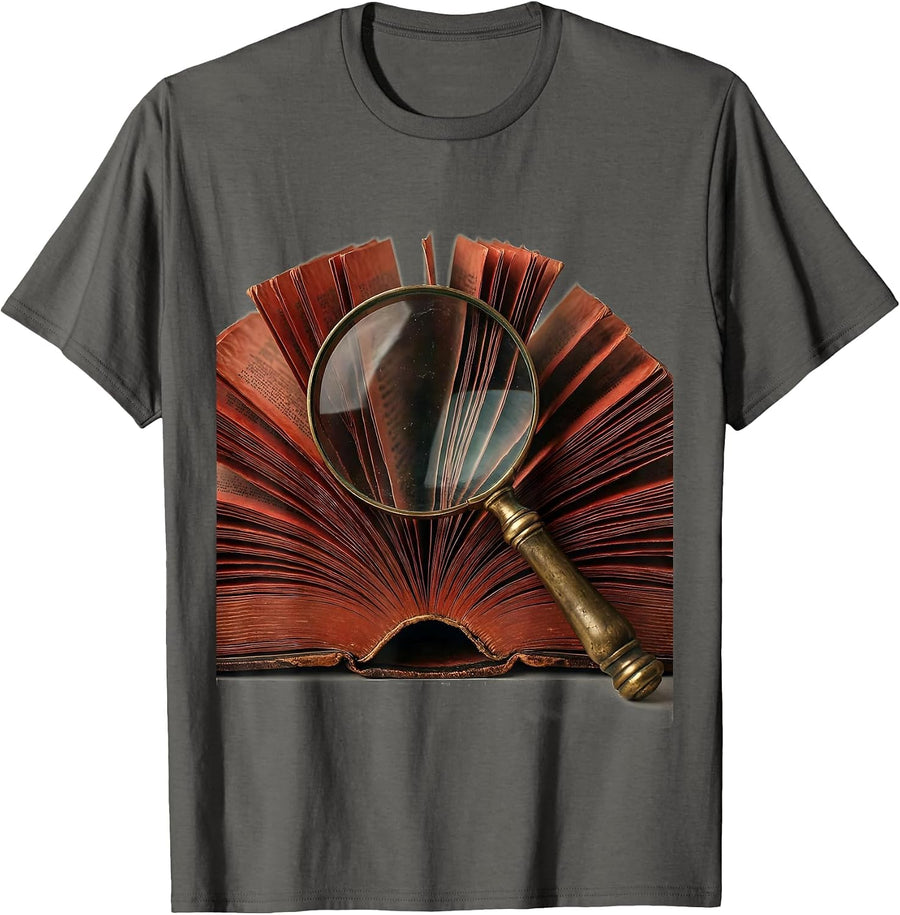 Red Teacher Magnifying Glass Book Illustration T-Shirt - Asphalt Grey
