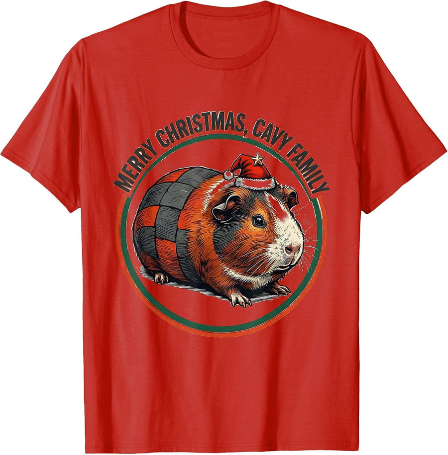 Men's Merry Christmas Cavy Family Whimsical Guinea Pig Pet Lover T-Shirt - Red