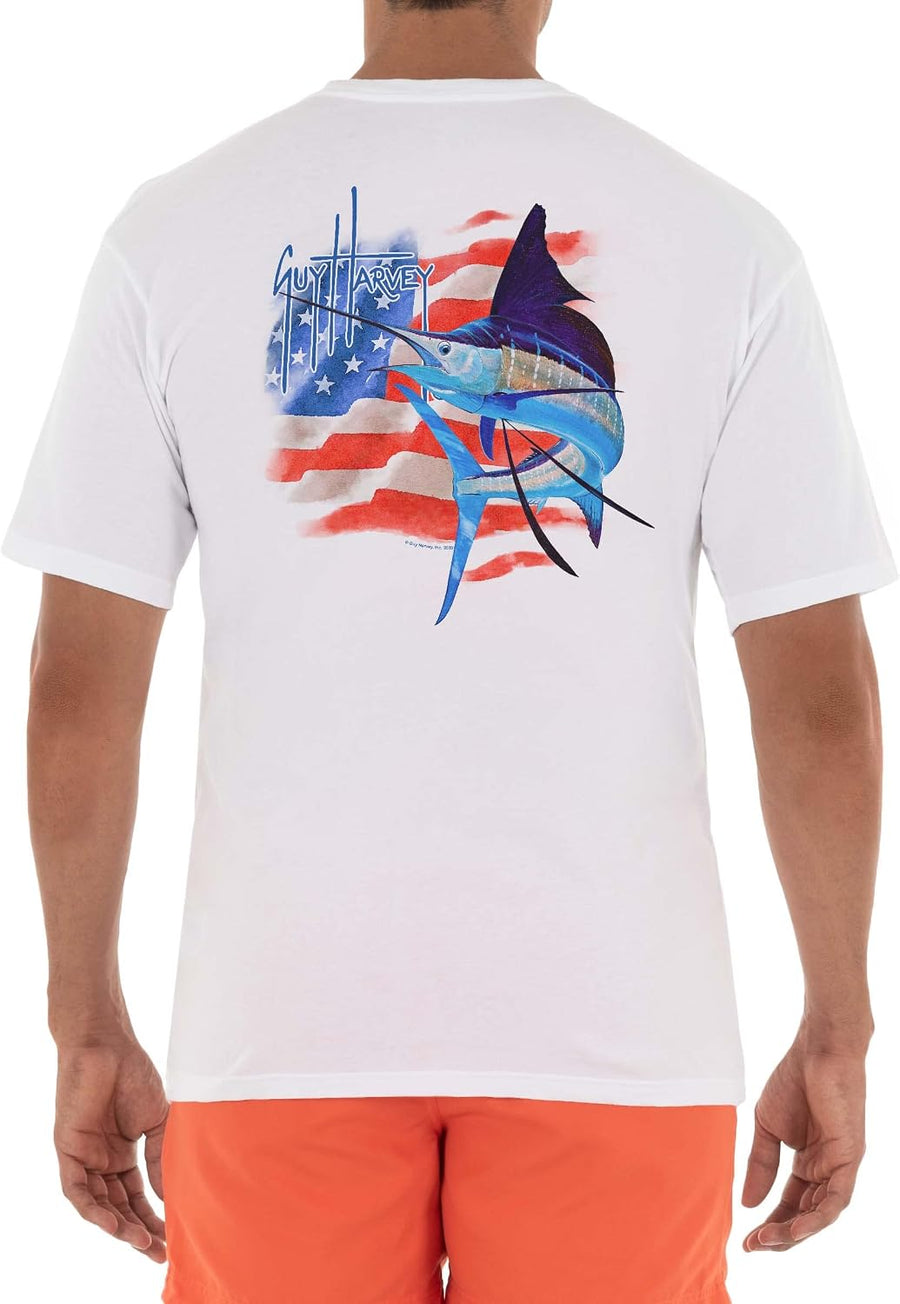 Guy Harvey Men’s Short Sleeve OG Cotton Graphic Pocket T-Shirt - Bright White\/Patriotic Turn