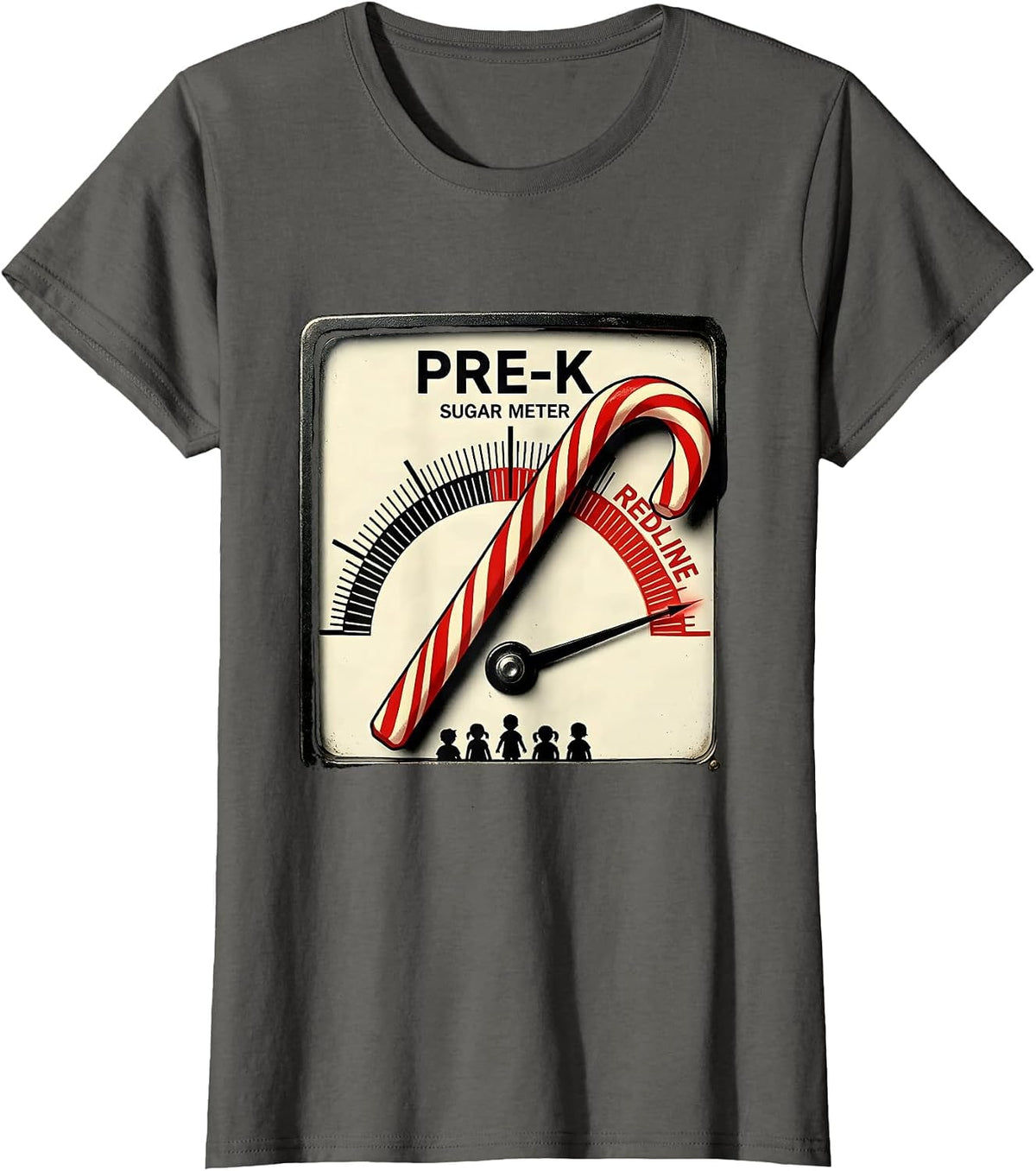 Women's Pre-K Sugar Meter Redline Funny Teacher Christmas Candy Cane T-Shirt - Asphalt Grey