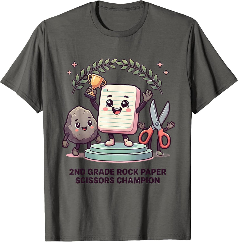 2nd Grade Rock Paper Scissors Champion Cute Kawaii Back T-Shirt, Men, Asphalt Grey, XX-Large - As Pictured