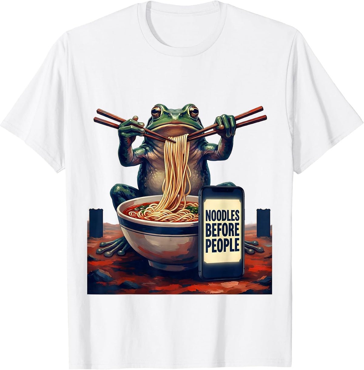 Men's Noodles Before People Funny Grumpy Frog Japanese Art Ramen T-Shirt - White