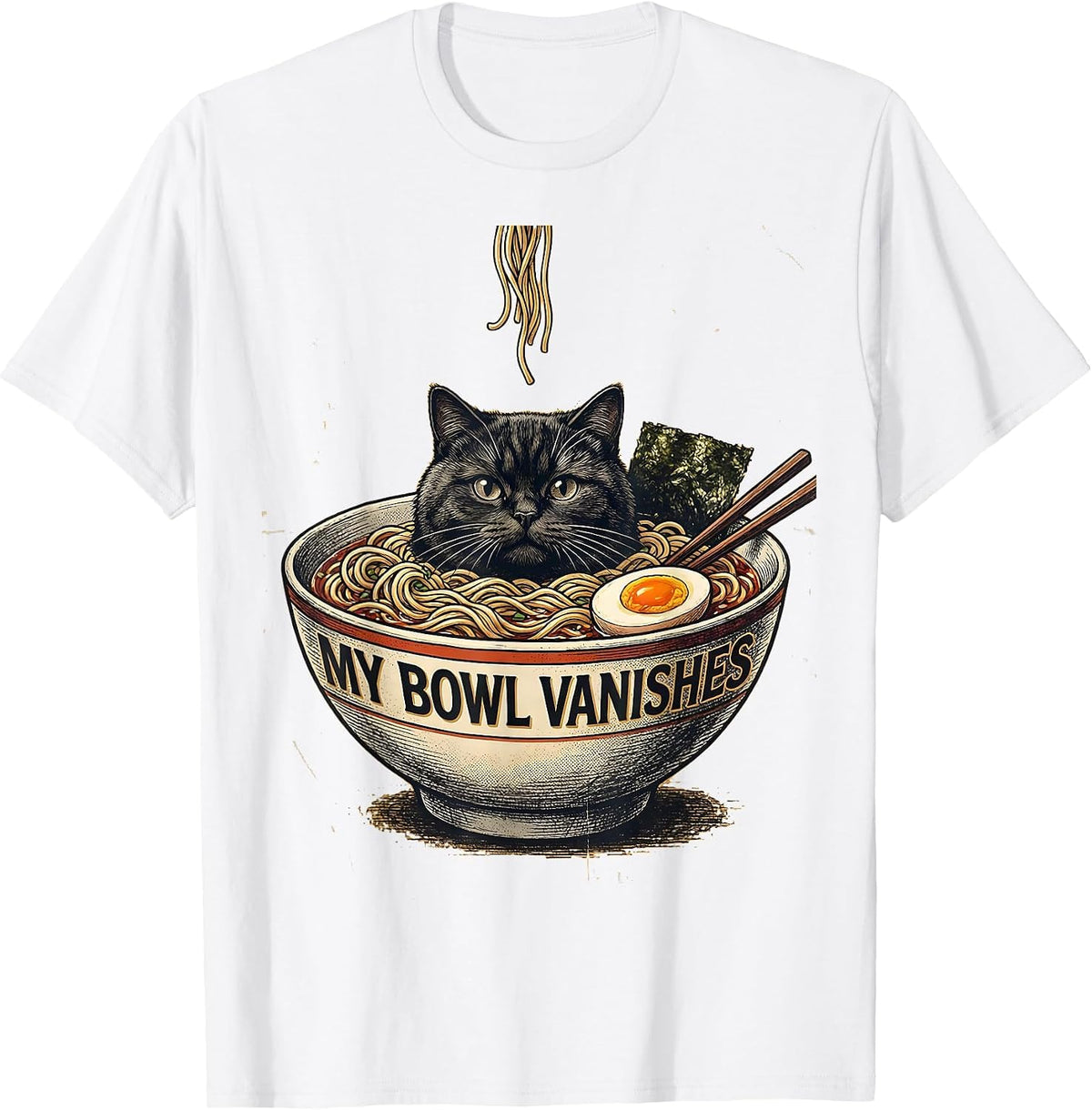 Men's My Bowl Vanishes Funny Cat Ramen Anime Art Kawaii Gift T-Shirt - White