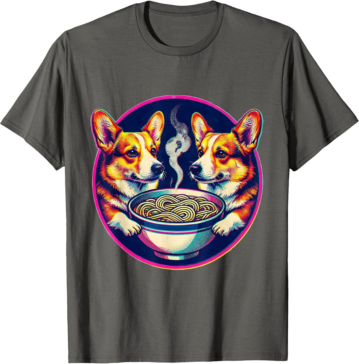 Corgi Ramen Buddies Cute Dog Noodle Bowl Art T-Shirt - Asphalt Grey