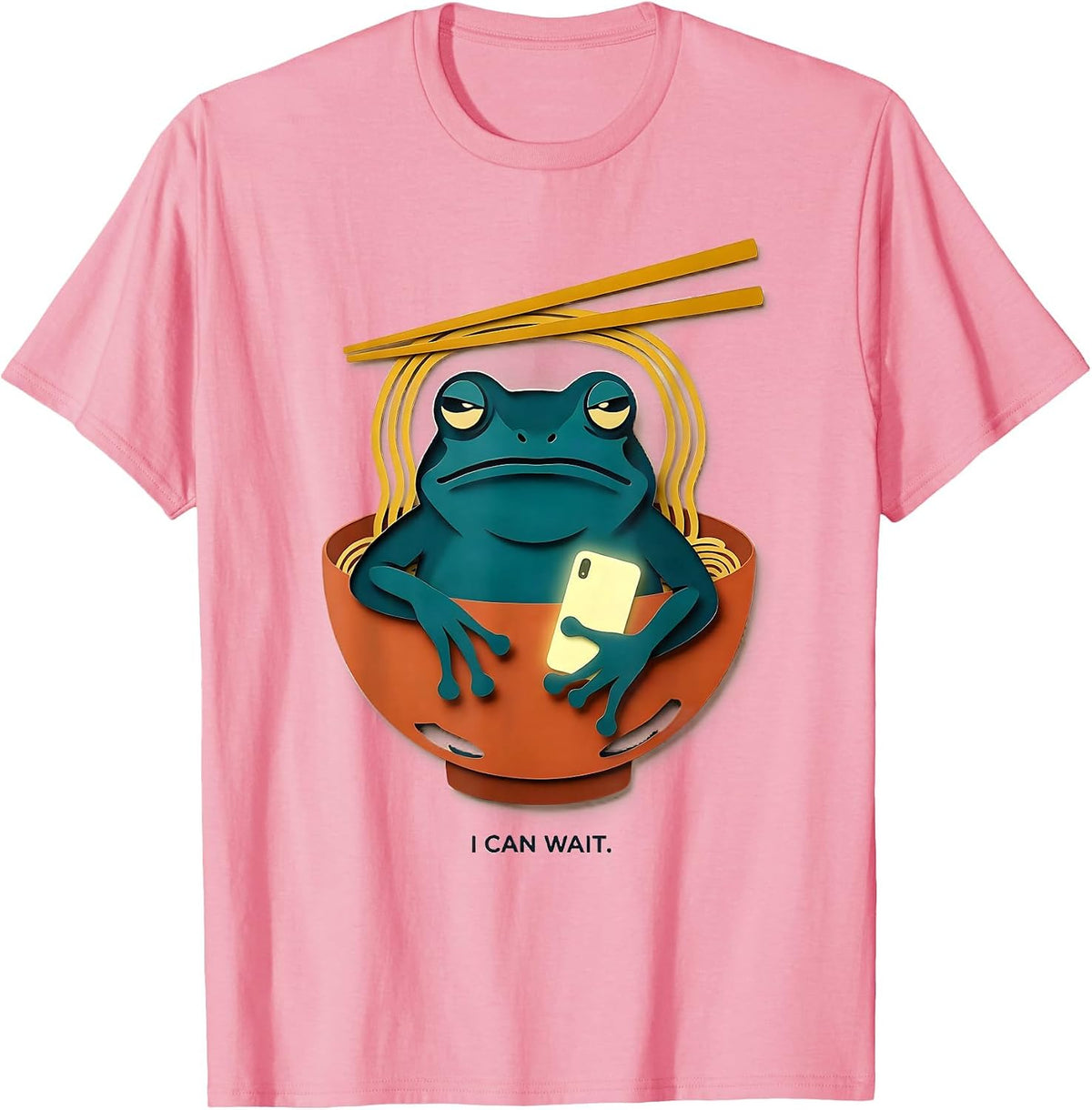 Men's I Can Wait Funny Grumpy Frog Ramen Anime Art Meme T-Shirt - Pink