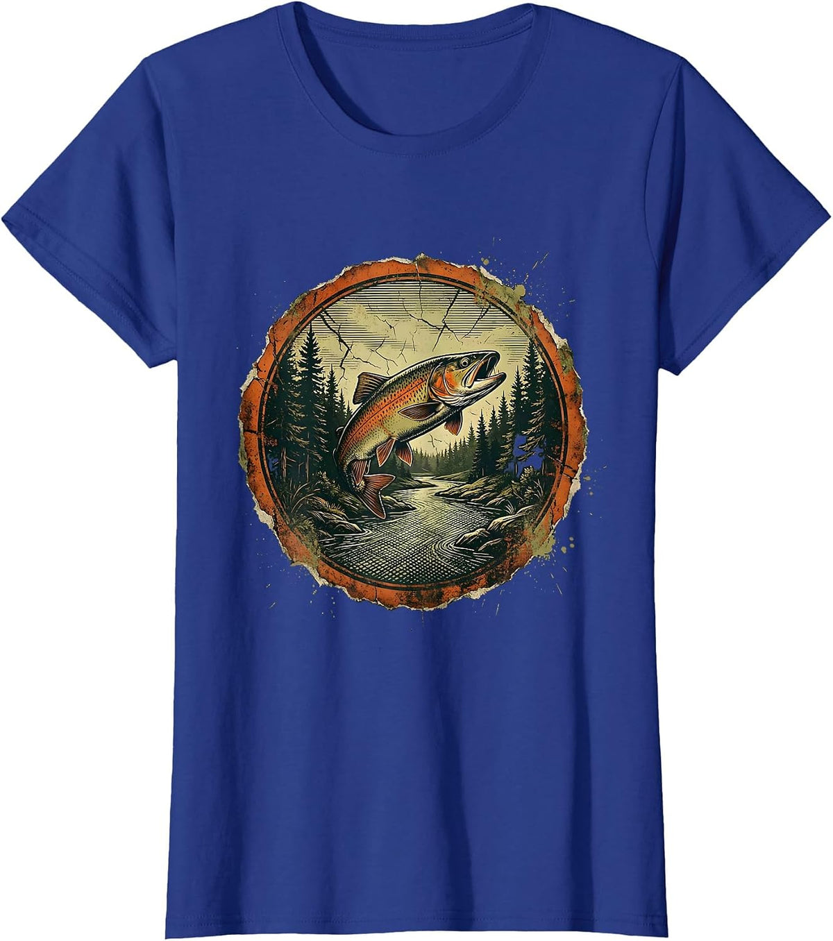 Women's Trout Stream Pine Forest Fly Fishing Illustration T-Shirt - Royal Blue