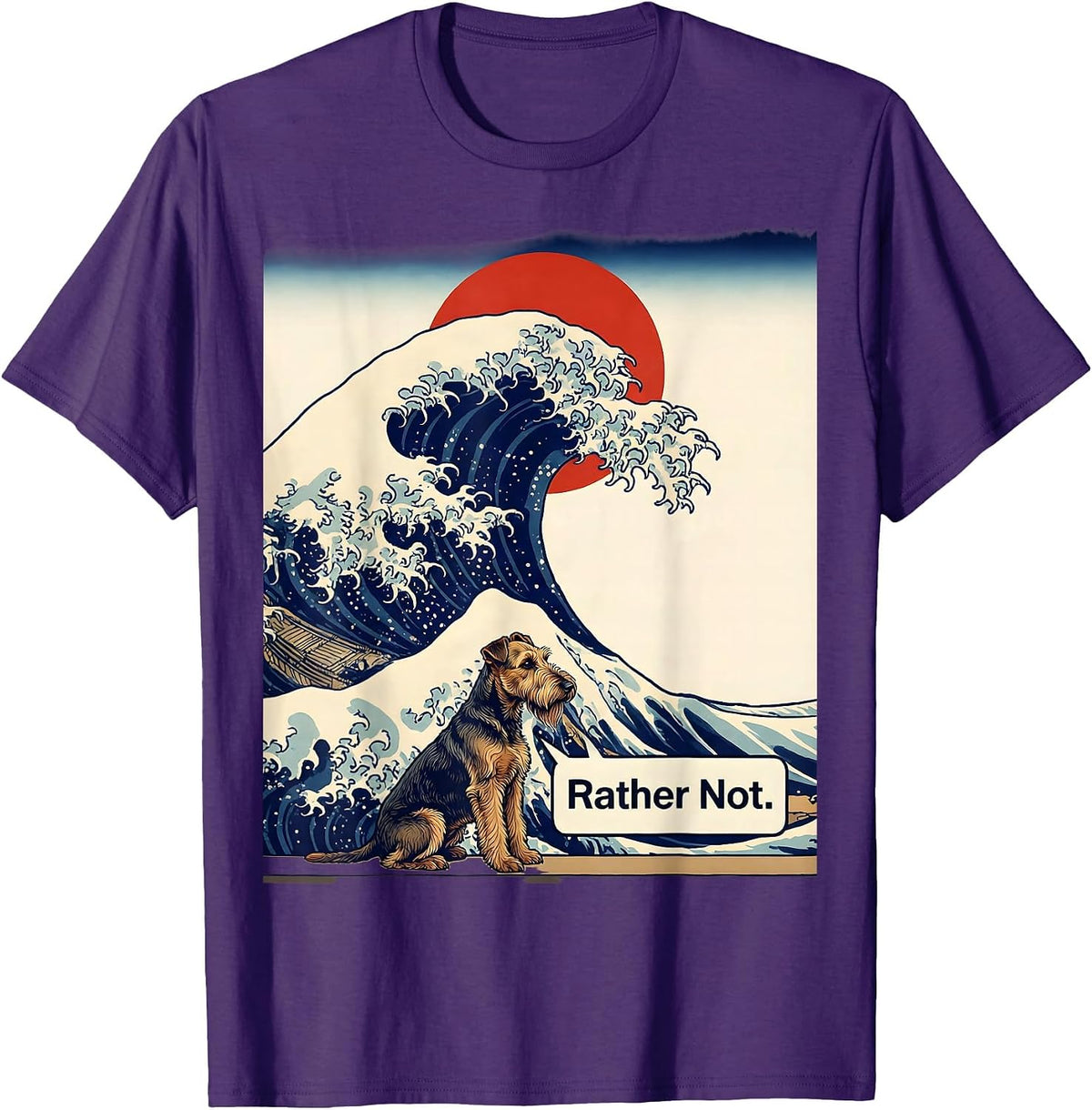 Men's Rather Not Ukiyo-e Airedale Terrier Surfing Great Wave T-Shirt - Purple