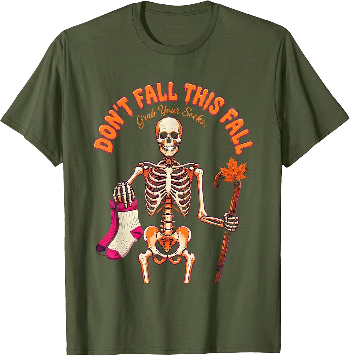Men's Don't Fall This Fall Grab Your Socks Funny Skeleton Nurse T-Shirt - Olive Green