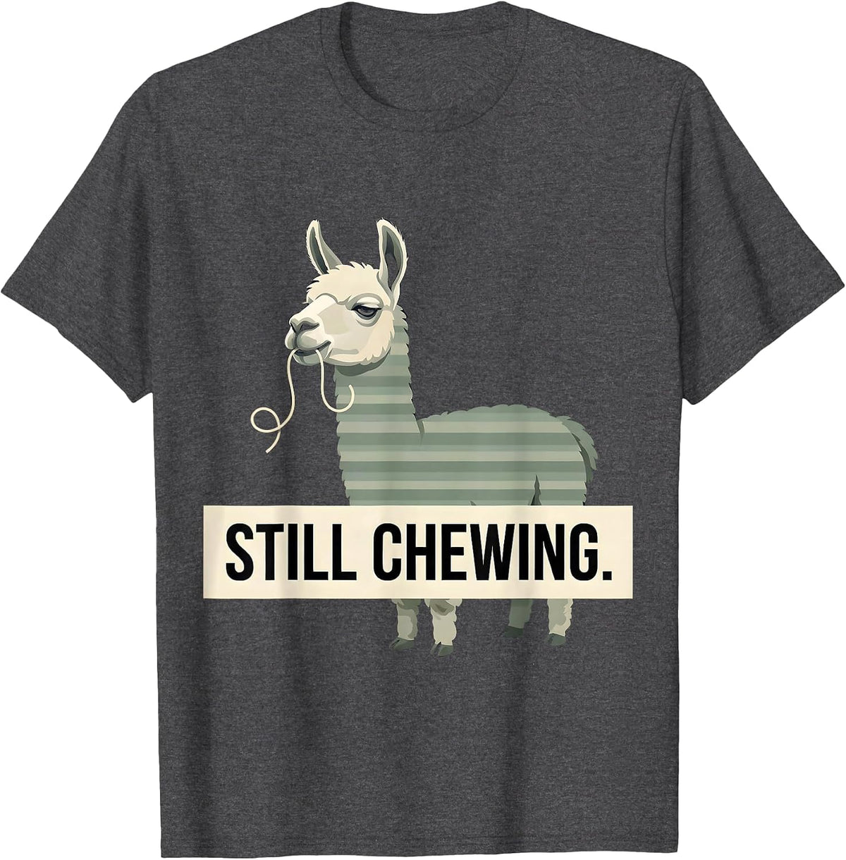 Men's Still Chewing Editorial Conceptual Llama Alpaca Humor Funny T-Shirt - Dark Heather Grey