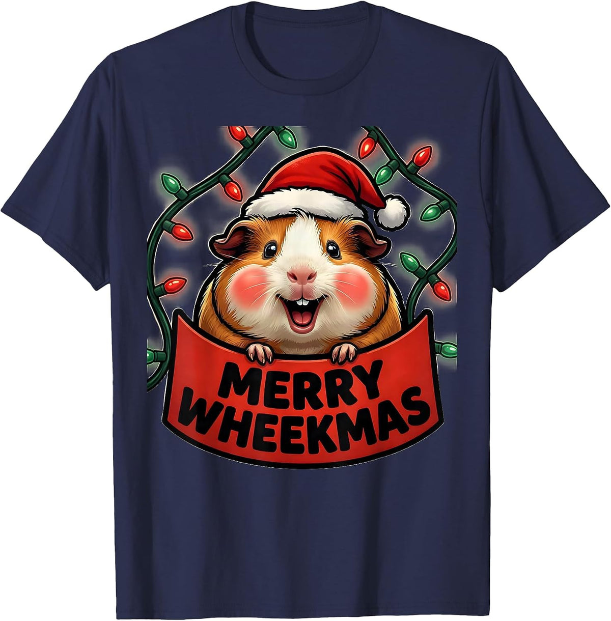 Merry Wheekmas Cartoon Guinea Pig Santa Hat Pet Lover T-Shirt - Navy Blue