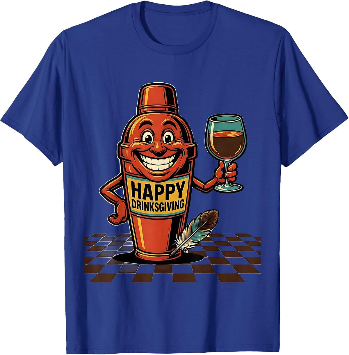 Happy Drinksgiving Retro Advertising Mascot Drinking Humor T-Shirt - Royal Blue