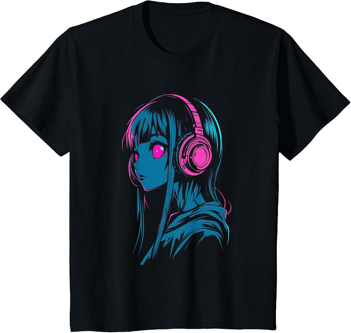 Anime Girl Synthwave Listener T-Shirt - Black