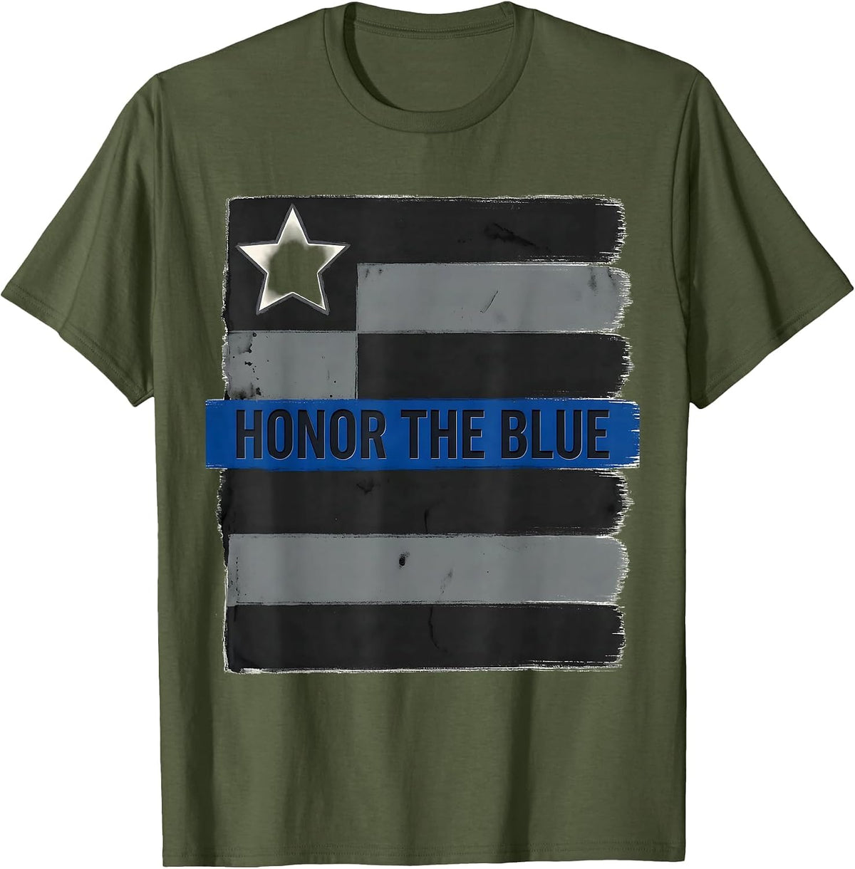 Men's Honor The Blue Stencil Thin Blue Line Police Support T-Shirt - Olive Green