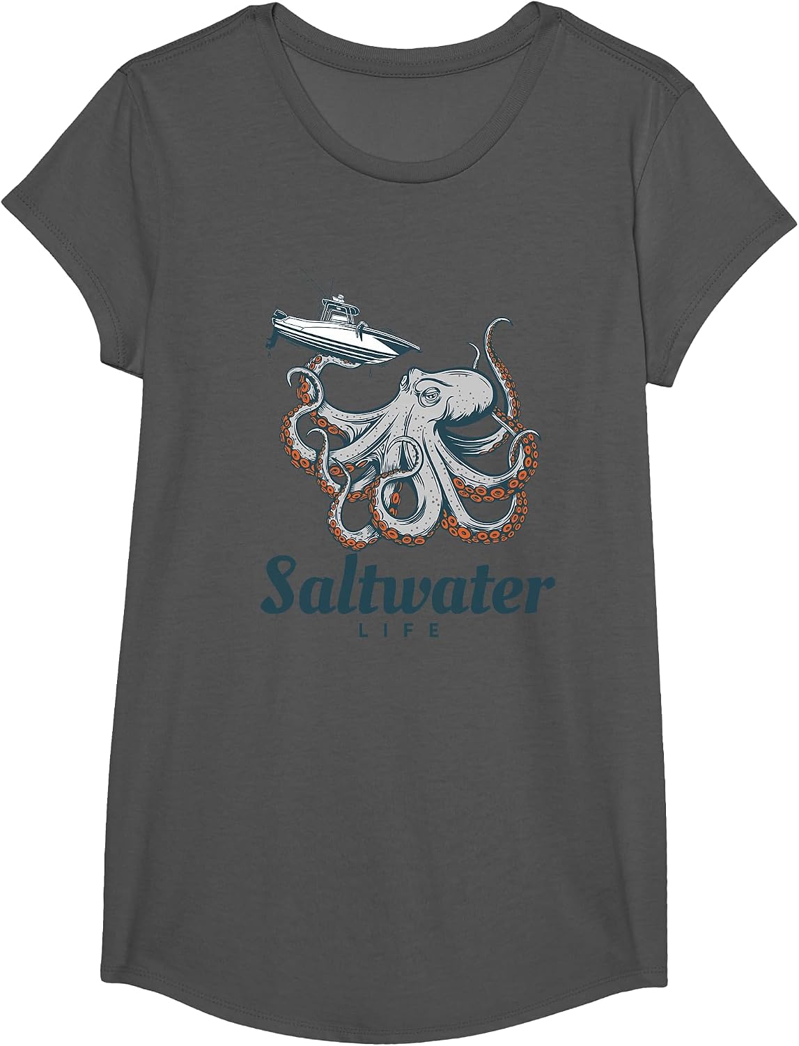 Saltwater Life Saltwater Octopus Holding a Boat T-Shirt - Girls Asphalt Grey