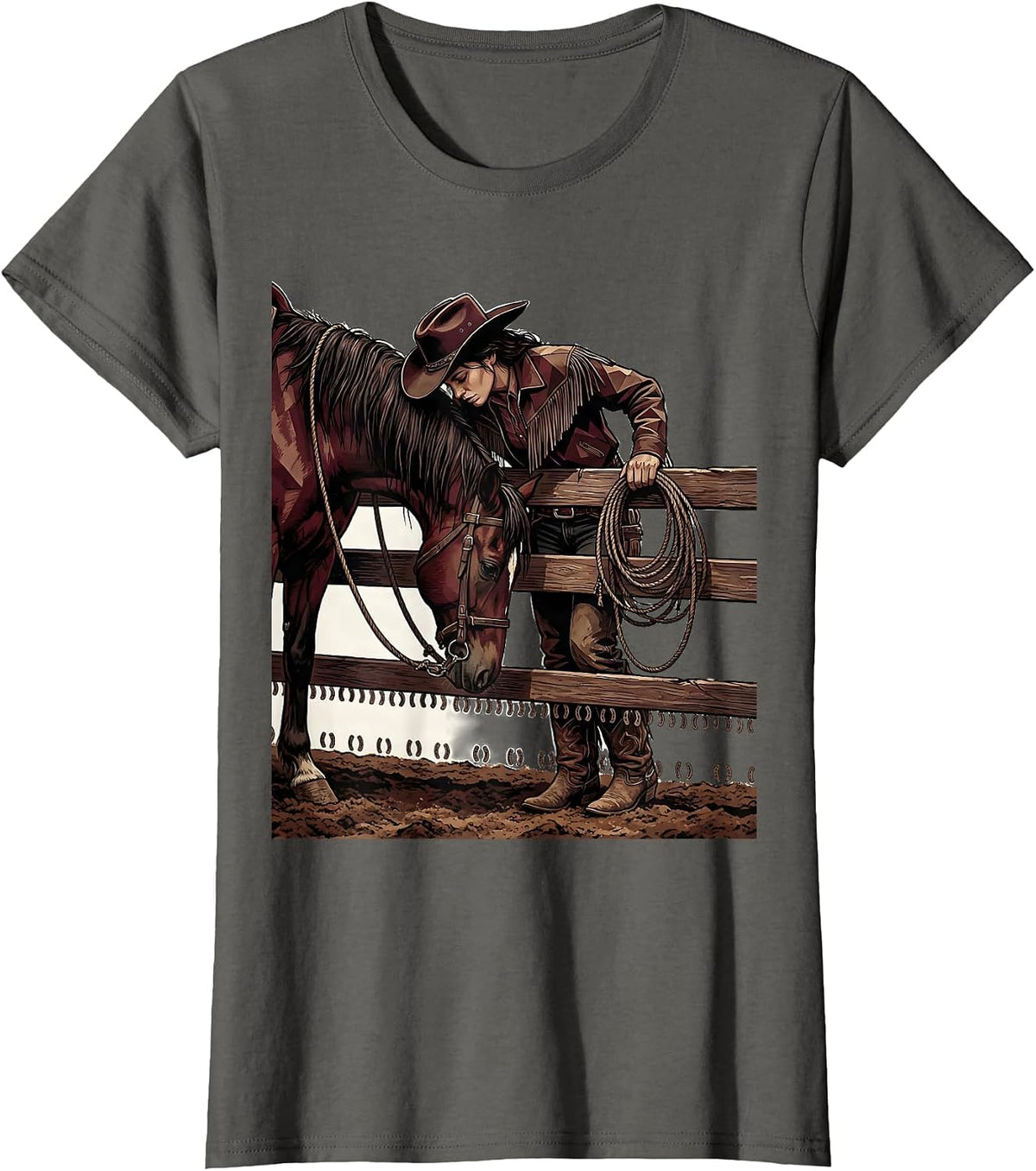 Women's Black Cowgirl Horse Rodeo Pride Western Pride Illustration T-Shirt - Asphalt Grey