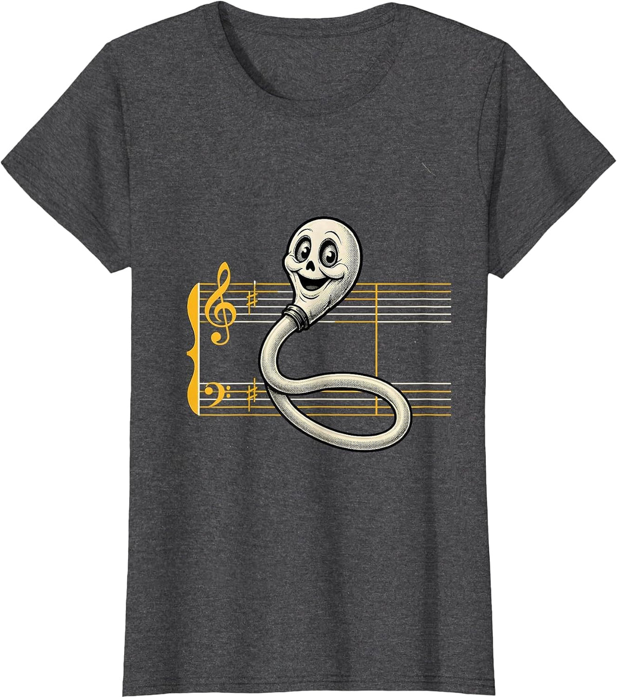 Women's Bass Clef Ghost Retro Cartoon Music Teacher Halloween T-Shirt - Dark Heather Grey