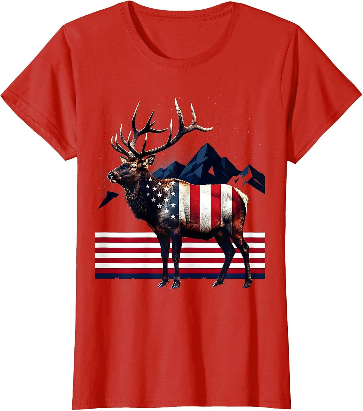 Women's Elk in Misty Mountain Meadow Wildlife Design T-Shirt - Red