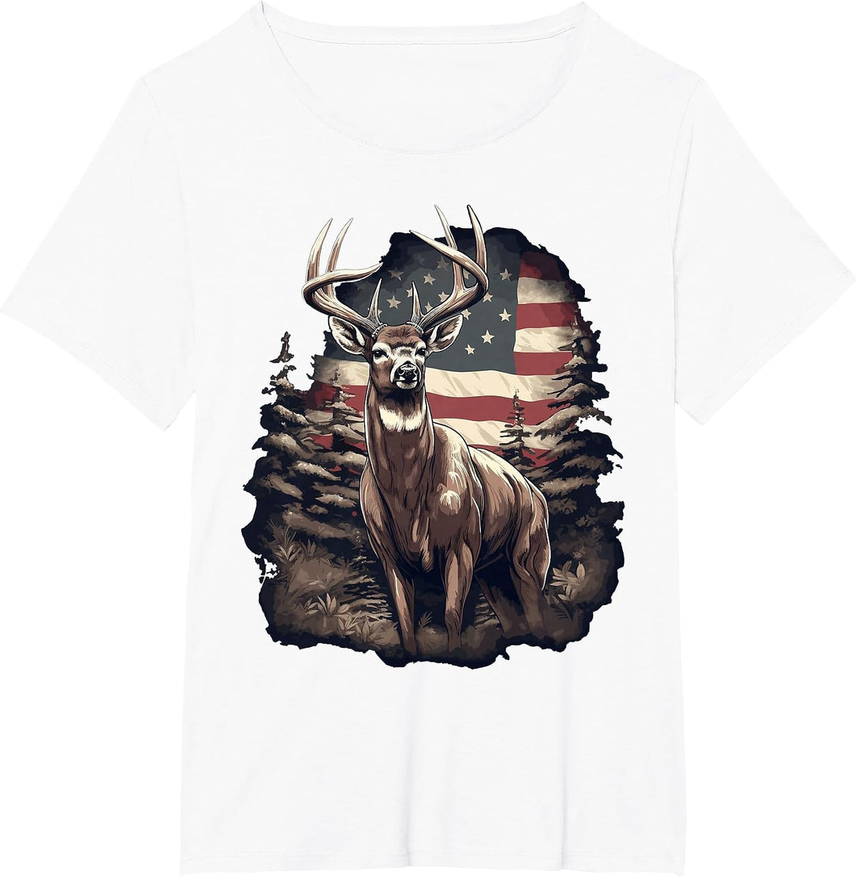 Whitetail Buck Deer Hunting US Flag Patriotic Hunter T-Shirt - White
