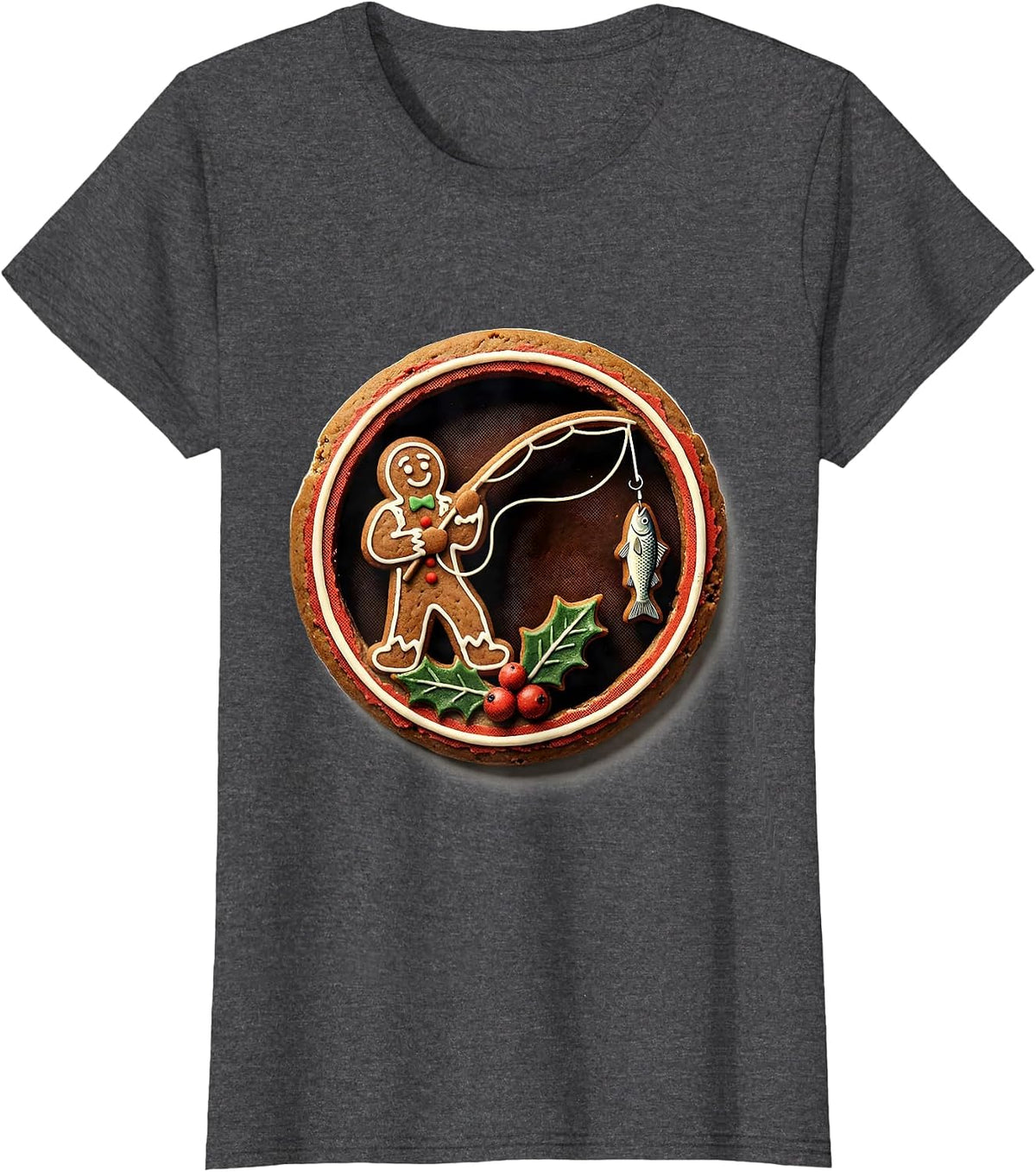 Women's Gingerbread Fly-Fisher Christmas Fishing Humor T-Shirt - Dark Heather Grey