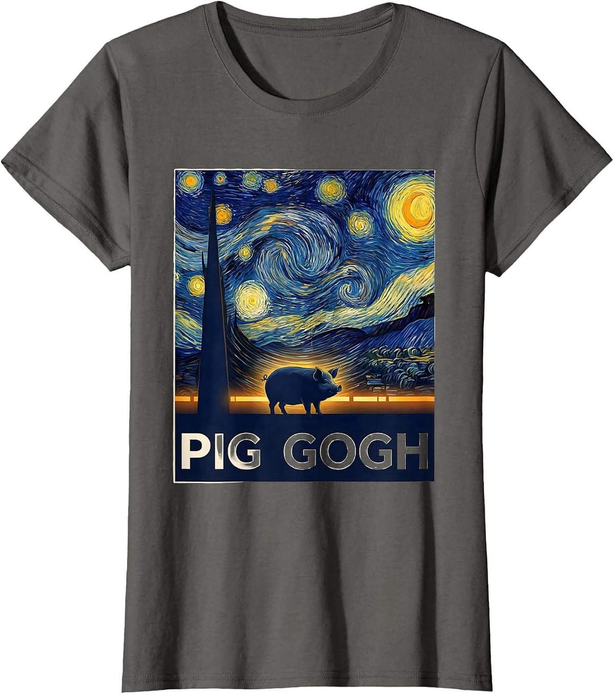 Women's Pig Gogh Flat Vector Art Parody Pet Lover Gift T-Shirt - Asphalt Grey