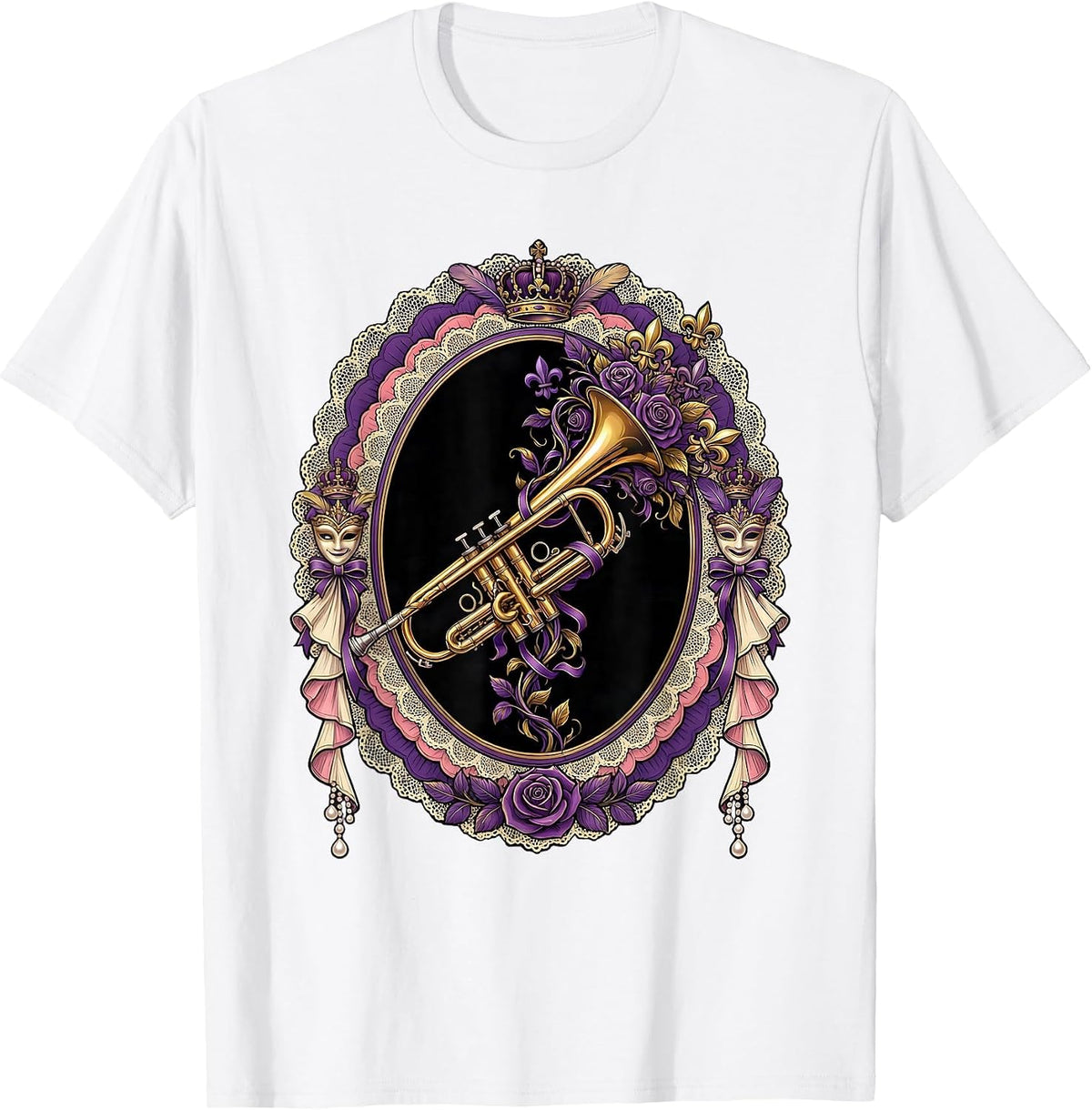 Men's Mardi Gras Jazz Trumpet Purple Gold Vines T-Shirt - White