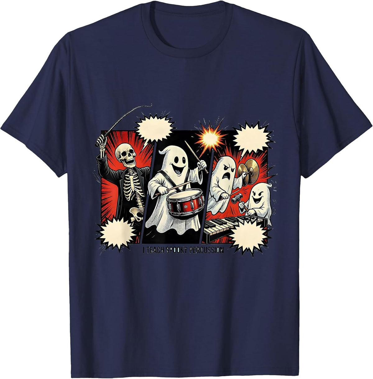 Men's I Teach Spooky Percussion Comic Book Halloween Music Teacher T-Shirt - Navy Blue