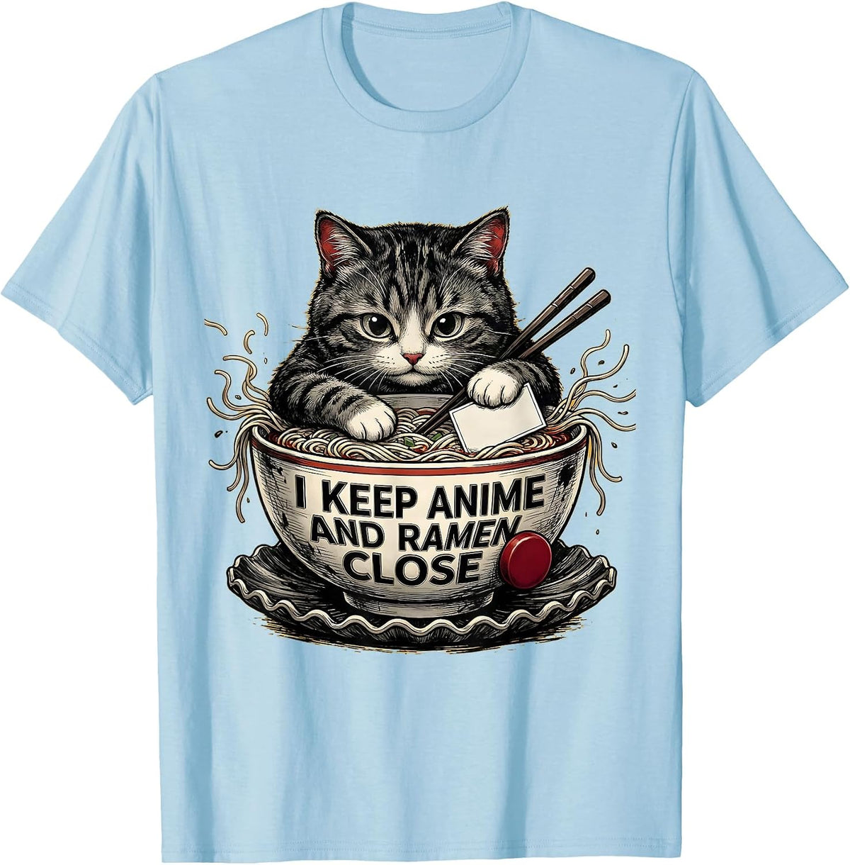 Men's I Keep Anime And Ramen Close Kawaii Cat Anime Gift T-Shirt - Baby Blue