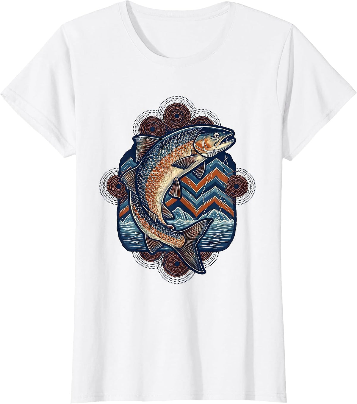 Salmon Leaping Upstream Waterfall Illustration T-Shirt - White