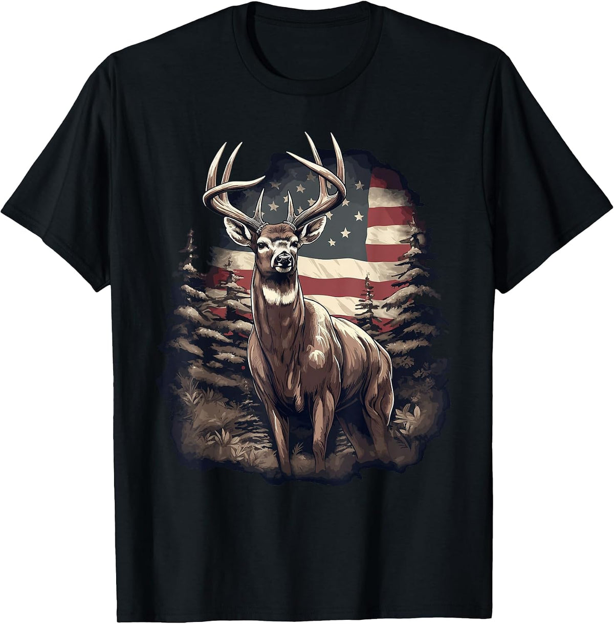 Whitetail Buck Deer Hunting US Flag Patriotic Hunter T-Shirt - Black