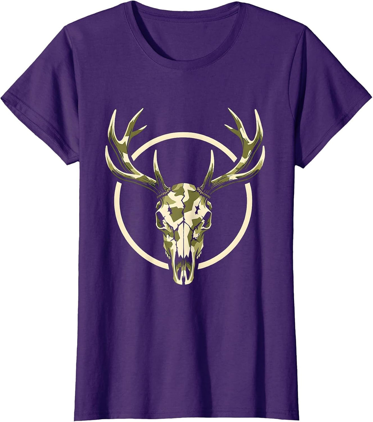 Women's Camo Elk Skull Antler Crown Graphic Tee T-Shirt - Purple
