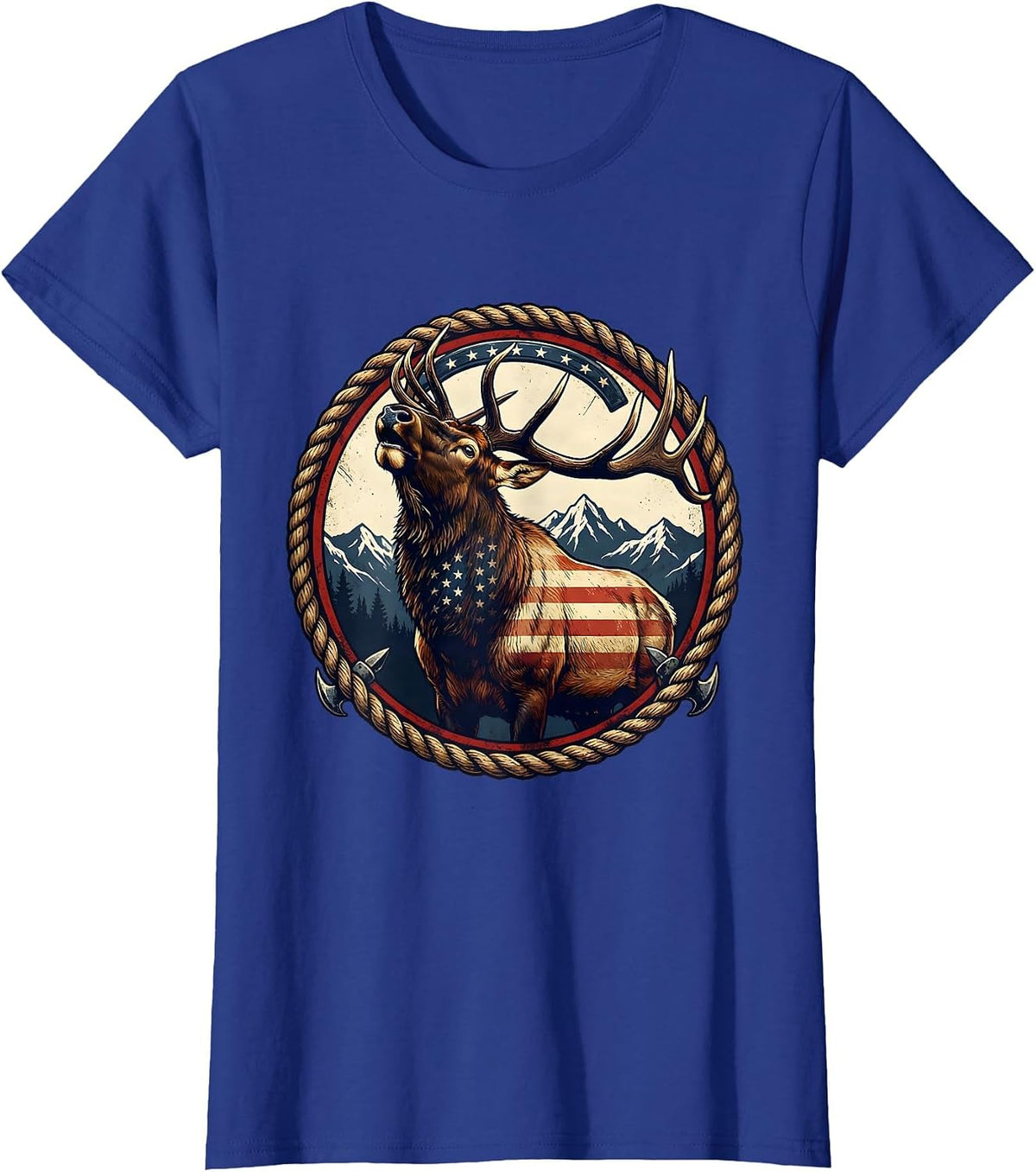 Women's Elk Bugling in Snowy Mountain Meadow T-Shirt - Royal Blue