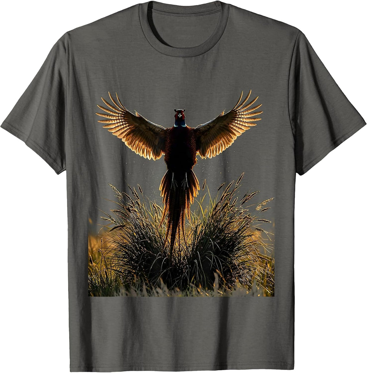 Pheasant Burst Fall Hunting Graphic Design T-Shirt - Asphalt Grey