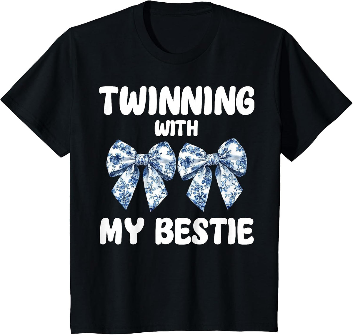 Cute Twinning with My Bestie Blue Toile Bow Coquette Bow T-Shirt - Black