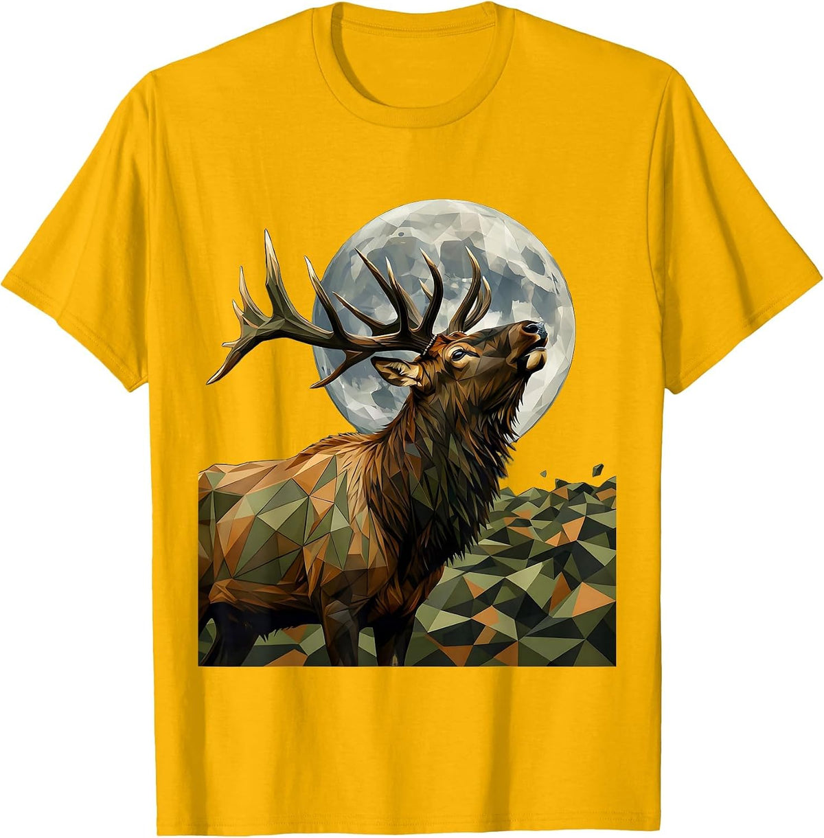 Camo Elk Bugling at Full Moon Wildlife Design T-Shirt - Golden Yellow