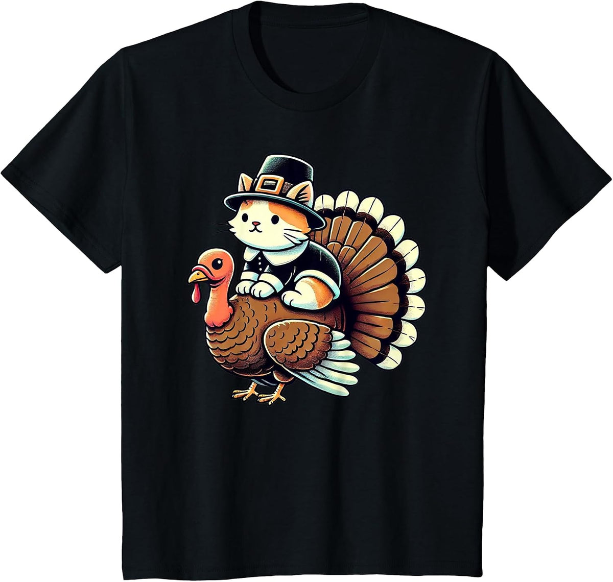 Pilgrim Cat Costume On Turkey Funny Thanksgiving Turkey T-Shirt - Black