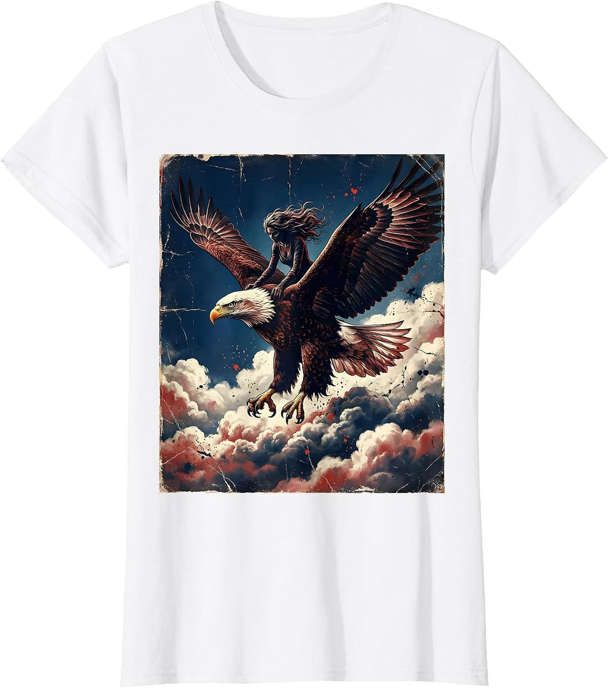 Red White and Blue Bald Eagle Rider Over Clouds T-Shirt - White