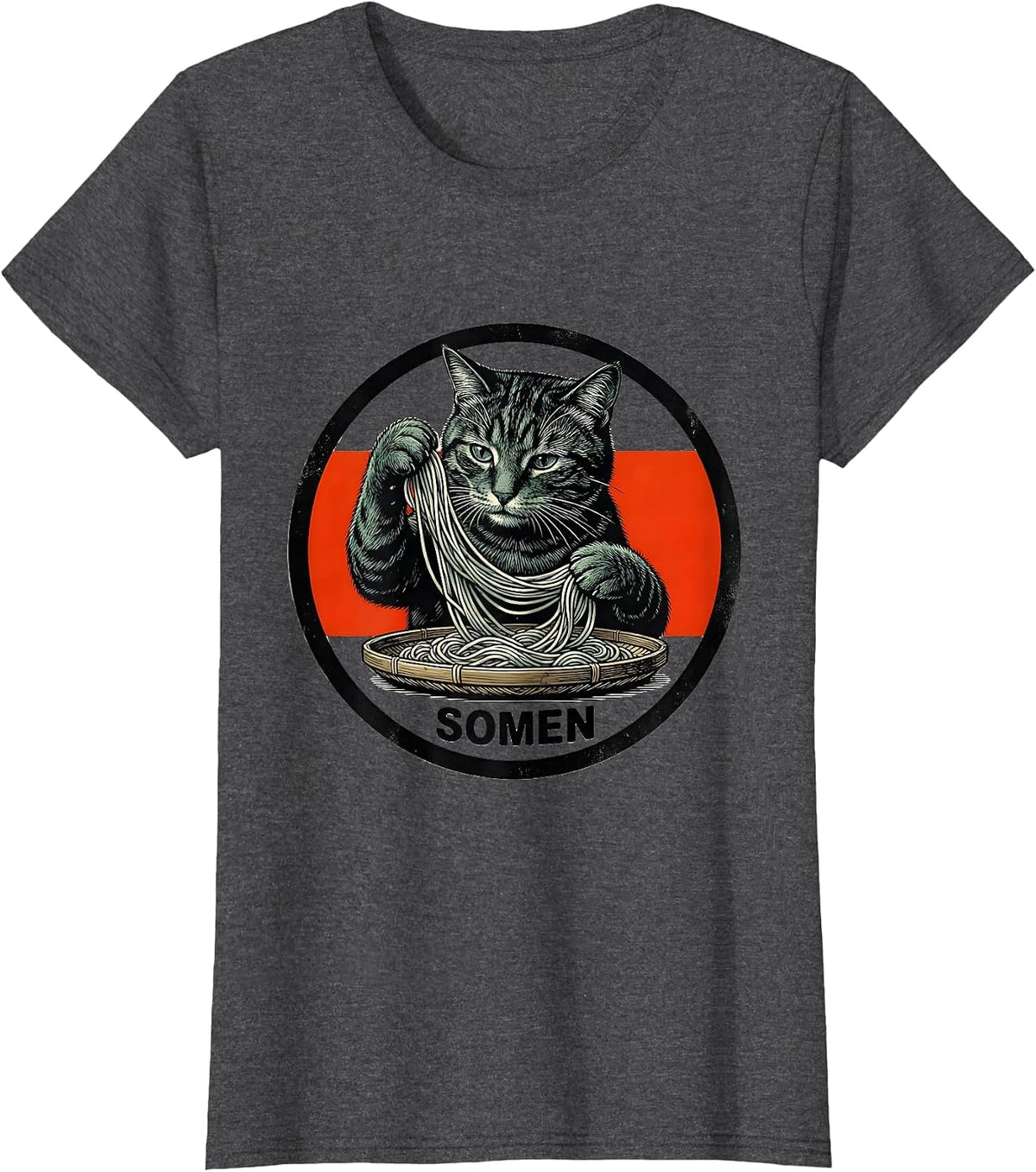 Women's SOMEN Vintage Poster Relief Cat Ramen Kawaii Anime Gift T-Shirt - Dark Heather Grey