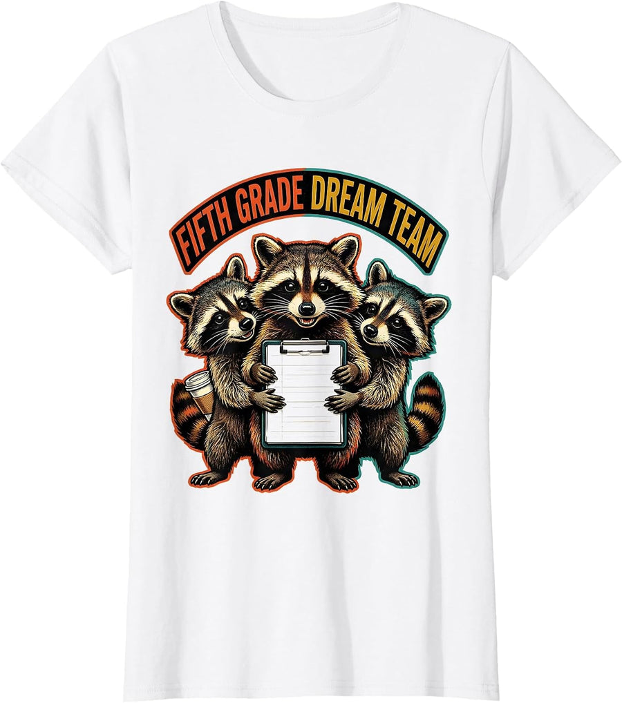 Women's Fifth Grade Dream Team Retro Advertising Mascot Raccoon T-Shirt - White