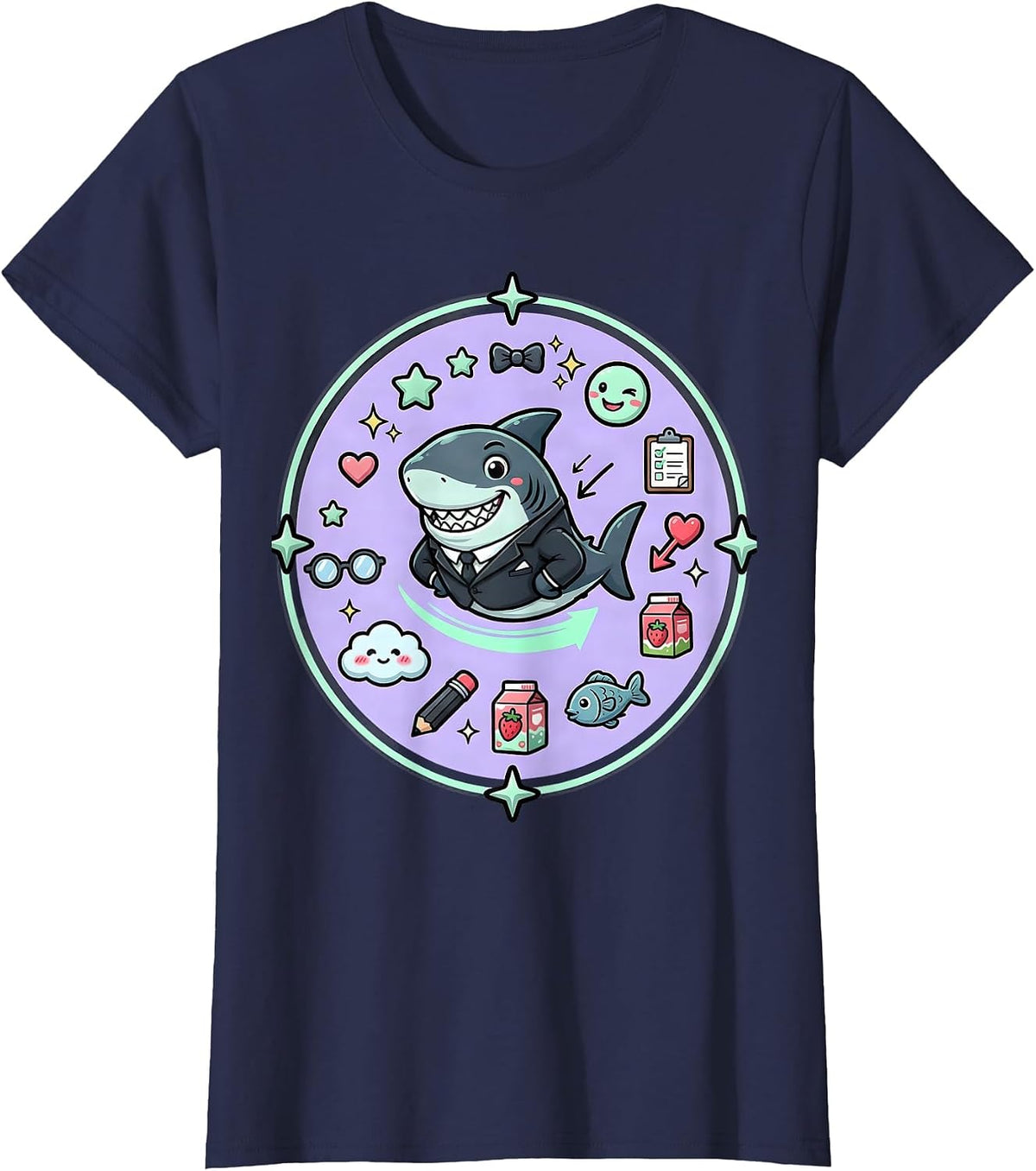 Women's Charming Shark in a Blazer Illustration T-Shirt - Navy Blue