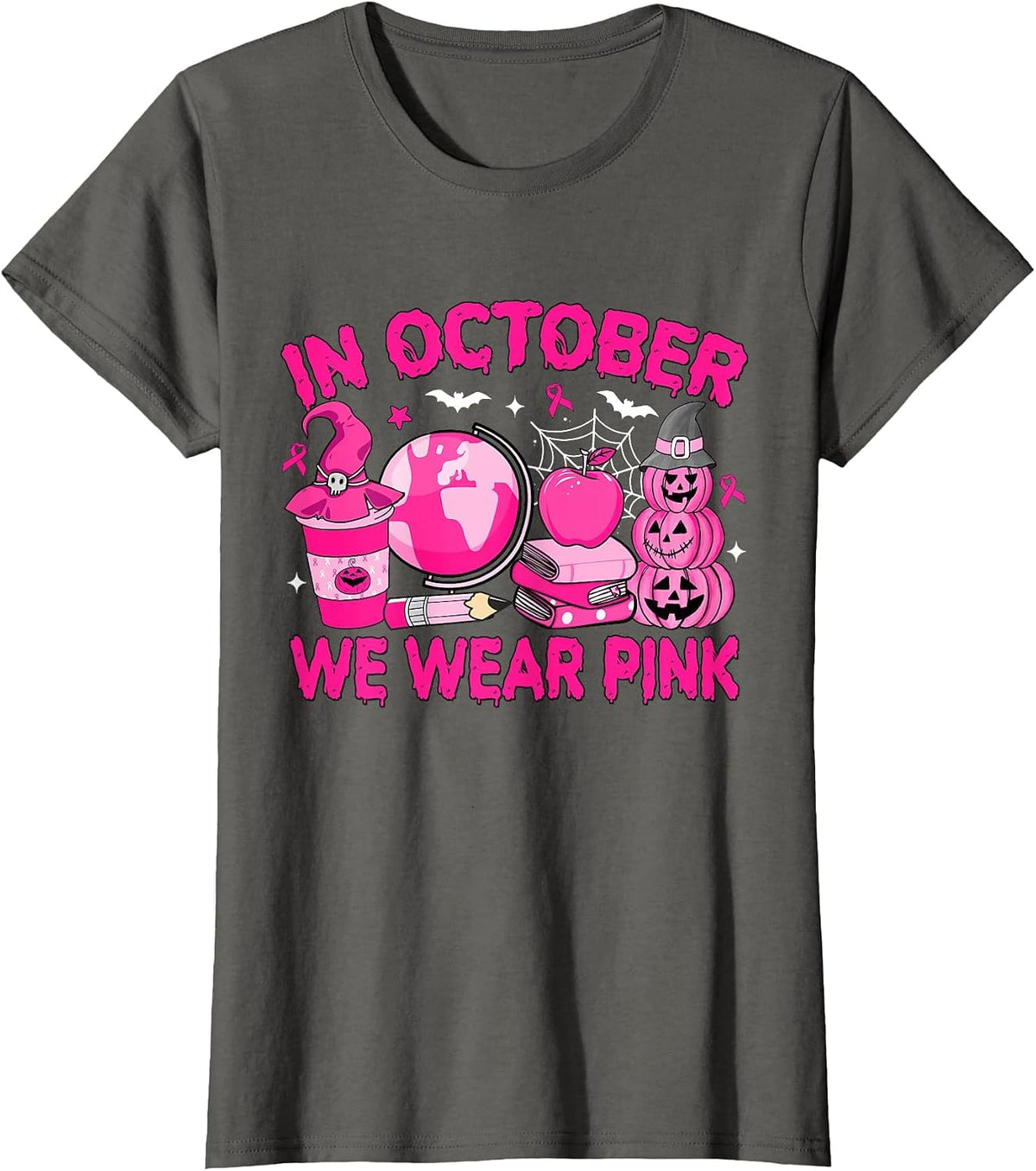 in October We Wear Pink Breast Cancer Awareness Teacher T-Shirt - Asphalt Grey