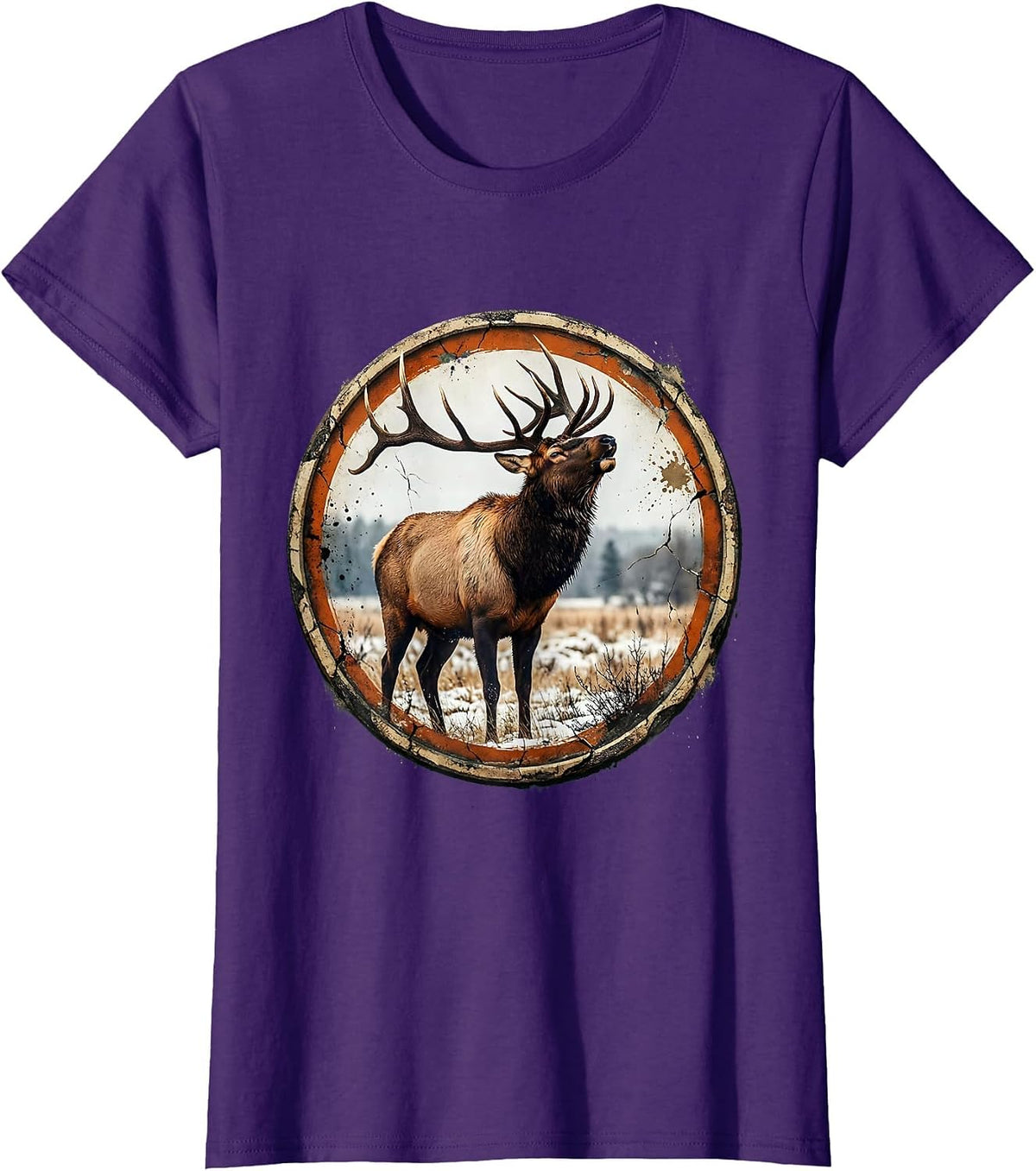 Women's Bull Elk Bugling in Snowy Meadow Illustration T-Shirt - Purple