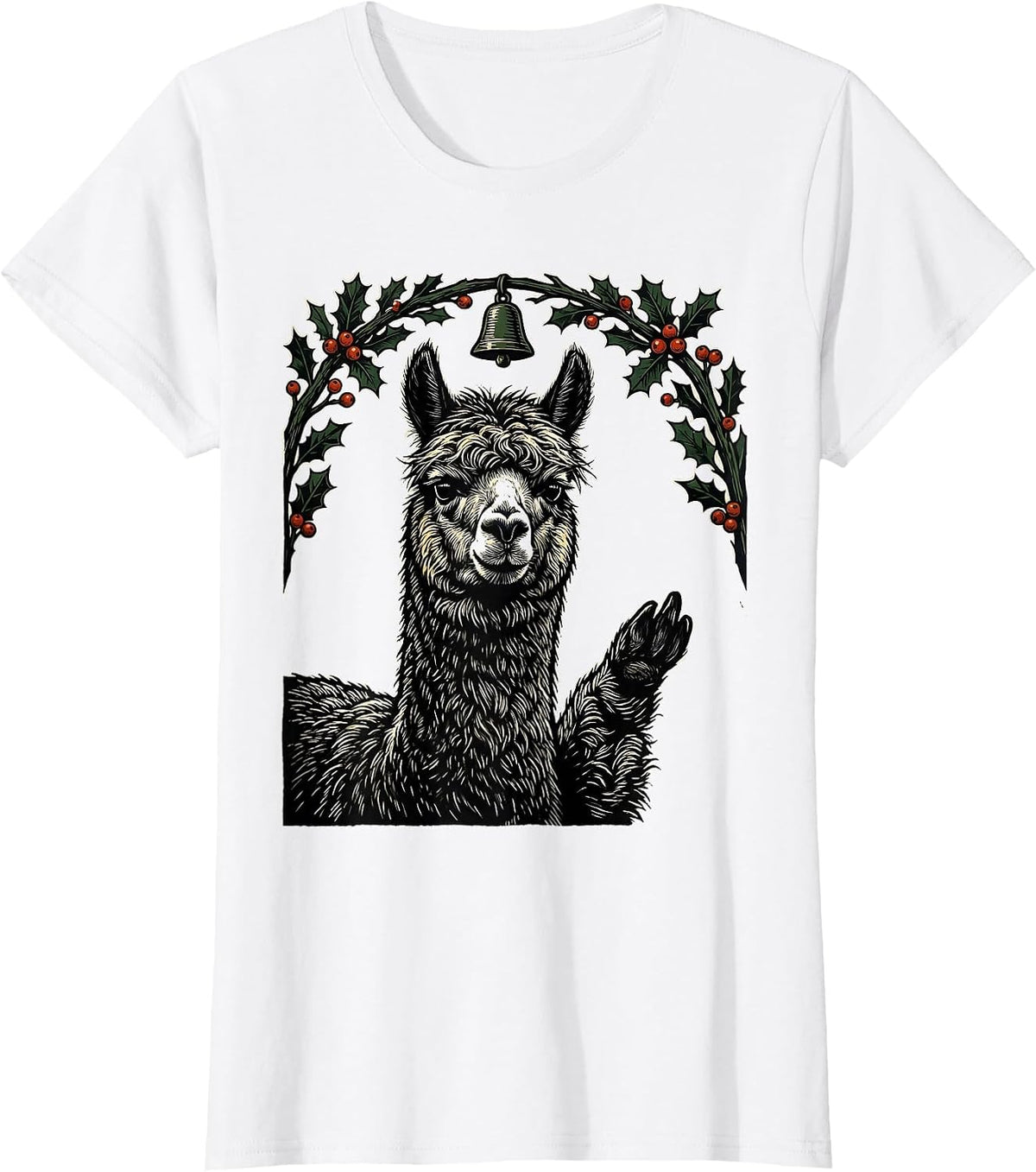 Women's Alpaca Greeting Linocut Funny Animal Lover Gift T-Shirt - White