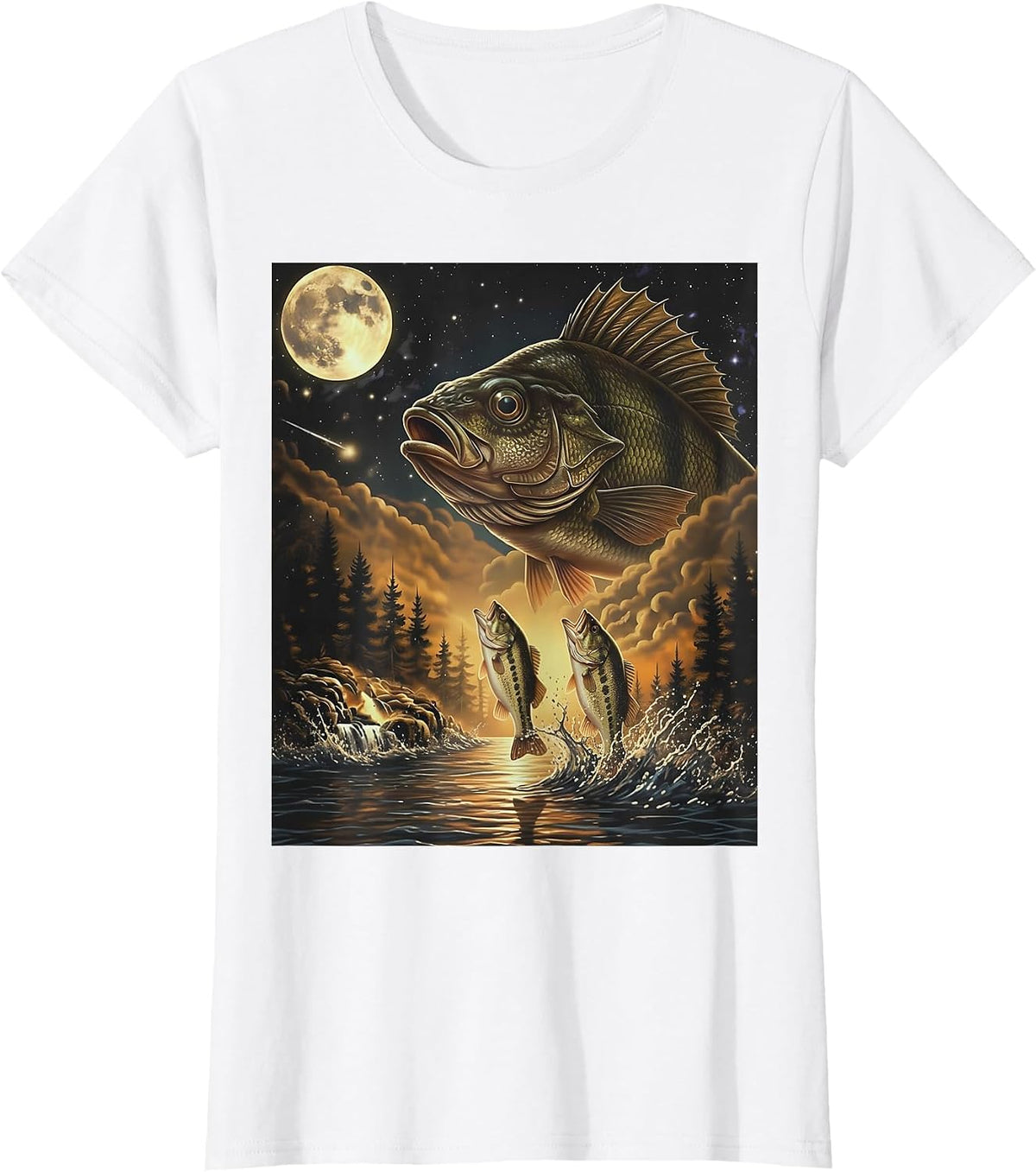 Fish Howling at the Moon Shirt Bass Fishing Art T-Shirt - White