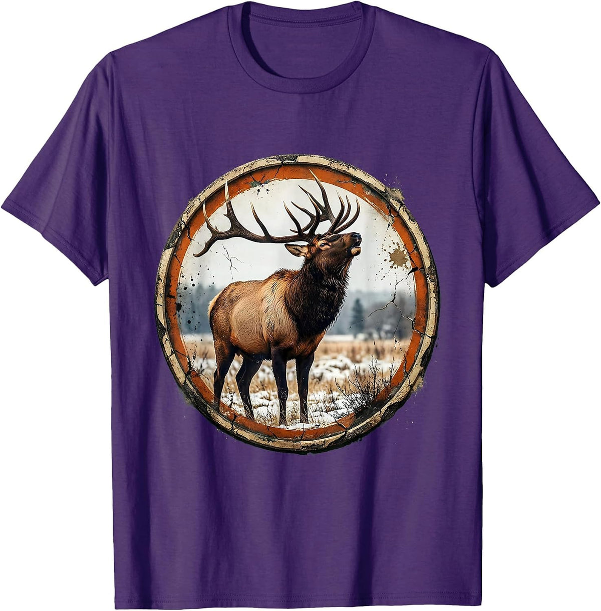 Men's Bull Elk Bugling in Snowy Meadow Illustration T-Shirt - Purple