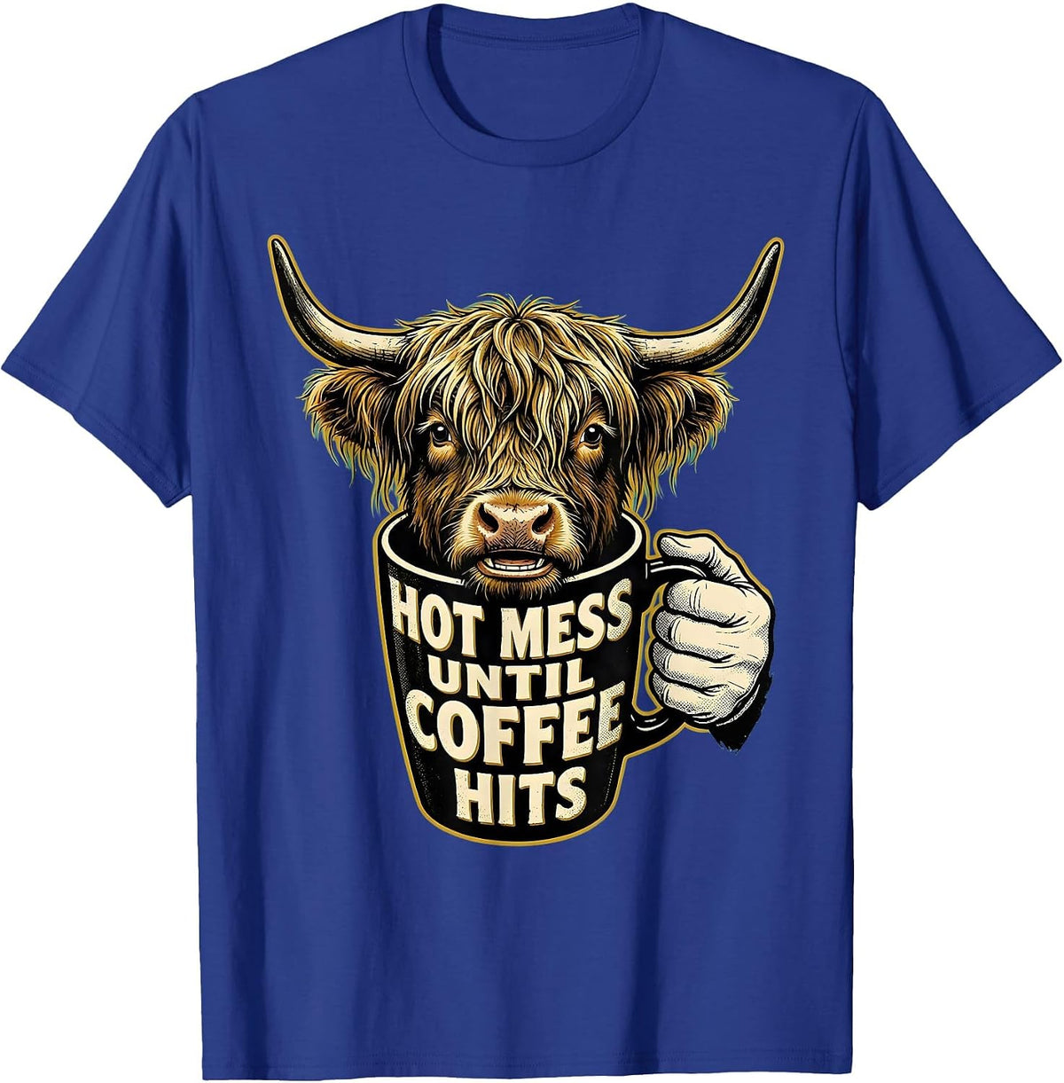 Men's Hot Mess Until Coffee Hits Retro Cartoon Highland Cow Coffee T-Shirt - Royal Blue
