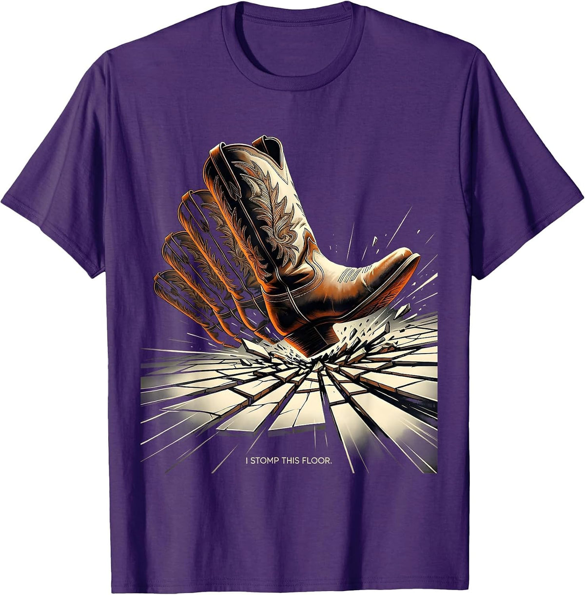 I Stomp This Floor Futurist Cowgirl Boot Western Rodeo Humor T-Shirt - Purple