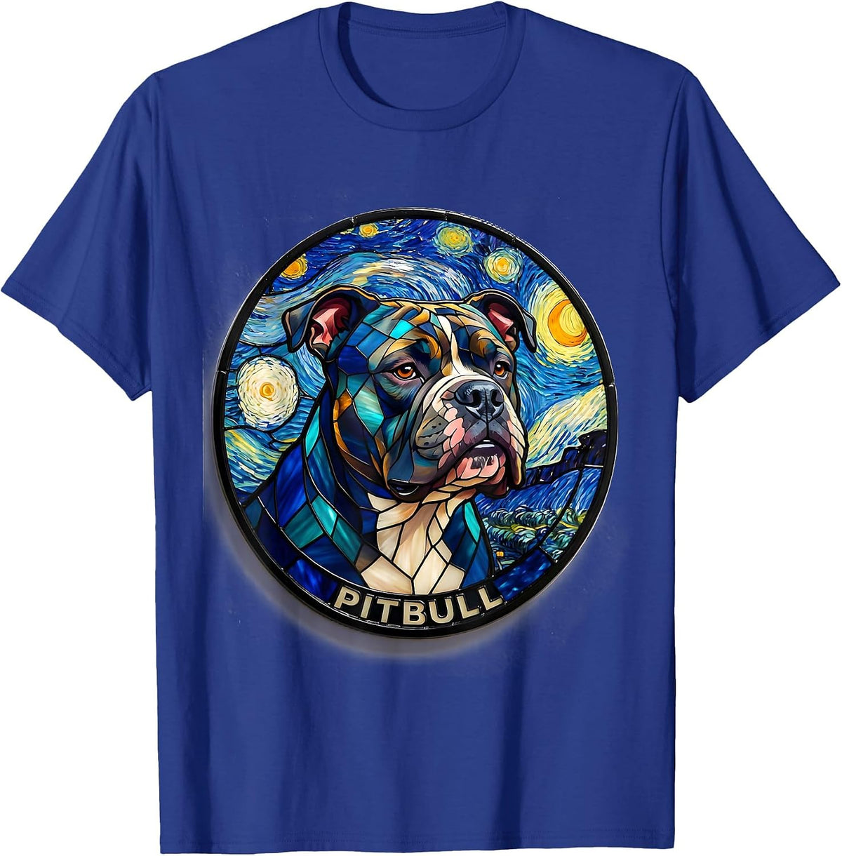 Pitbull Dog Van Gogh Style Starry Night Art Tribute T-Shirt - Royal Blue